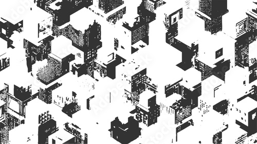 Abstract monochrome isometric cityscape with geometric buildings and textured facades vector