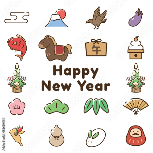 正月シンプル　アイコンセット　午年　馬年