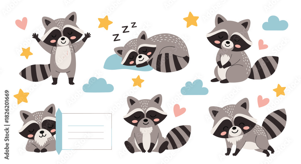 Fototapeta premium Adorable collection of a cute cartoon raccoon character in various charming poses, including sleeping, waving, and sitting happily.