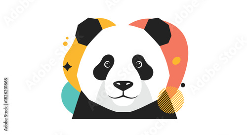 Modern and stylish geometric portrait of a panda bear's face with colorful abstract shapes and lines in the background.