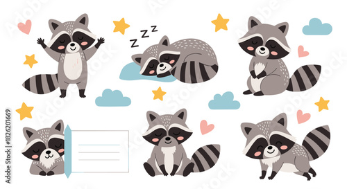 Adorable collection of a cute cartoon raccoon character in various charming poses, including sleeping, waving, and sitting happily.