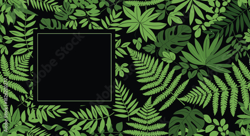 Elegant background of lush green tropical leaves and foliage with a central black square providing space for custom text.