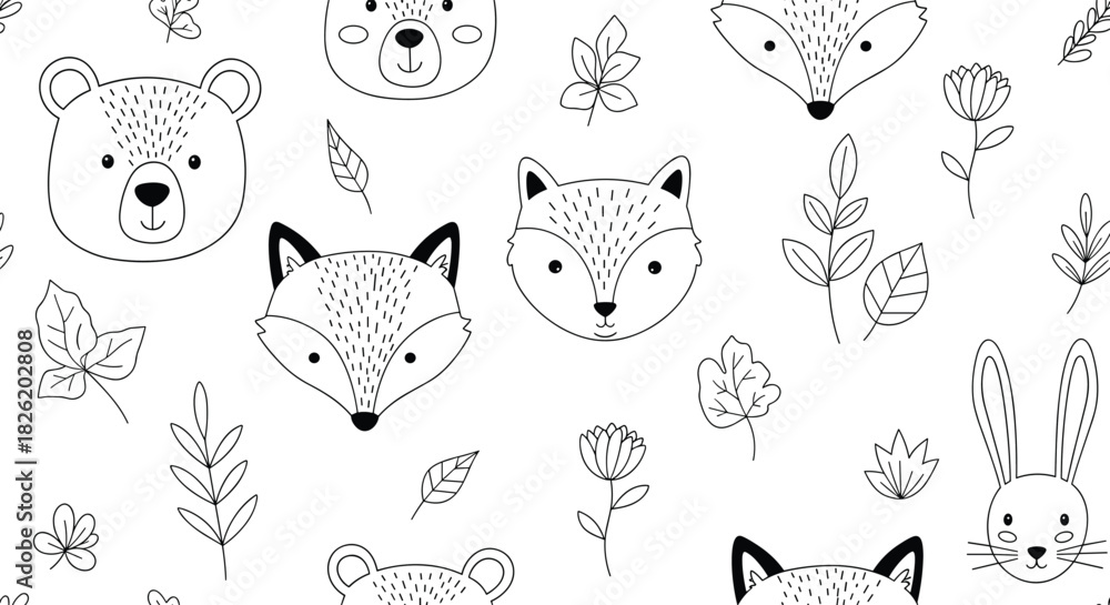 Obraz premium Seamless black and white pattern of cute woodland animal faces including bears, foxes, and rabbits with leaves in a simple doodle style.
