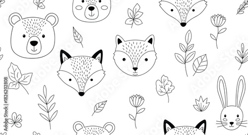 Seamless black and white pattern of cute woodland animal faces including bears, foxes, and rabbits with leaves in a simple doodle style.