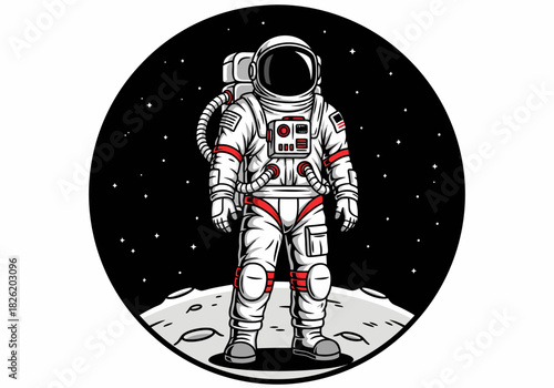 Detailed vector illustration of an astronaut in a spacesuit standing on the moon's surface against a starry night sky backdrop