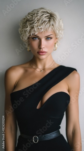 A woman in a black dress with a belt around her waist. She has a very pretty face and is wearing a necklace