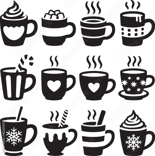 Diverse Collection of Coffee and Hot Chocolate Mugs in Silhouette Style