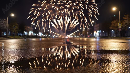 Spectacular Fireworks Display Reflecting on Wet City Street at Night.