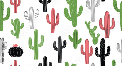 Seamless pattern of various hand-drawn cacti and succulents in green, pink, and black on a clean white background.