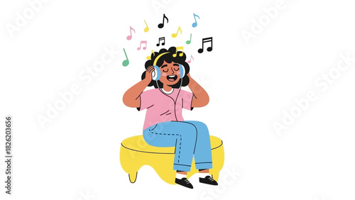 A happy person wearing headphones and enjoying music with musical notes floating around