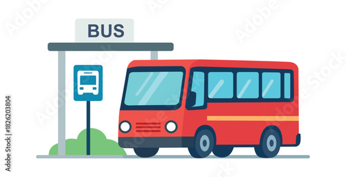 Flat design illustration of a small red bus at a station.