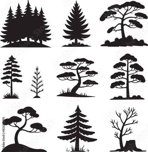Diverse collection of stylized tree silhouettes in black and white design