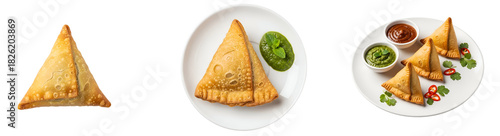 Three images of samosas served on white plates with dips and garnish in a studio setting view from above on transparent background