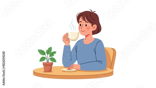 Vector illustration of a young woman enjoying a hot cup of coffee or tea while sitting at a table with a small plant
