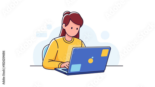 Woman in a yellow sweater using a laptop at a desk with a minimalist background