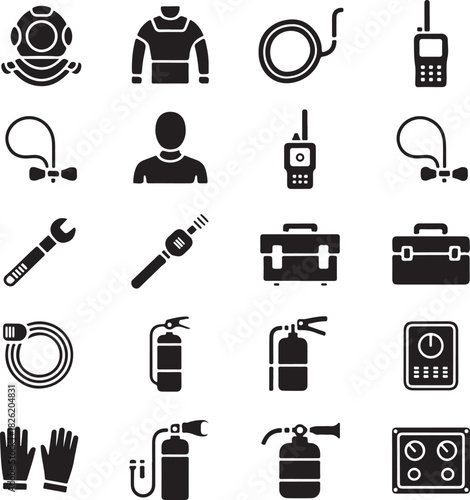 Diving and Firefighting Equipment Icons Depicted in Detailed Black Silhouettes