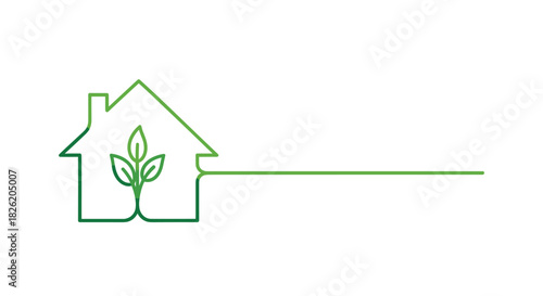 Abstract illustration of a green house with a plant growing inside and extending to the right.