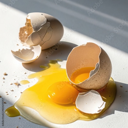 Broken eggshells with yolks spilled on a light surface with sunlight shadows