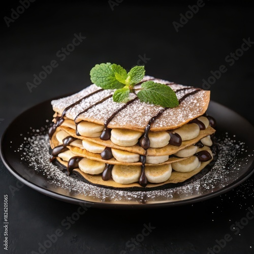 Delicious stack of banana crepes drizzled with chocolate and dusted with powdered sugar