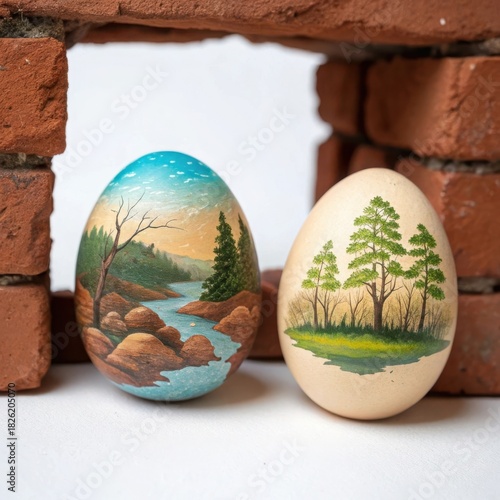 Delicate painted easter eggs with scenic nature landscapes nestled in a rustic brick display