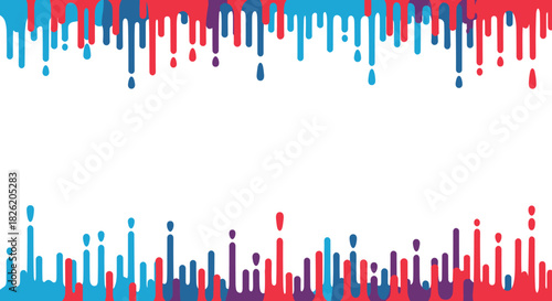 Abstract dripping paint streaks in red, blue, and purple on a white background, framed by top and bottom borders.