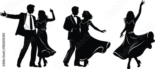 Black silhouettes of couples dancing and a woman in a flowing dress on white background