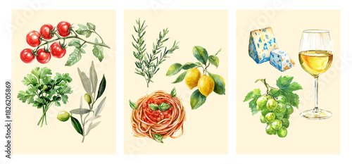 Italian Mediterranean set with lemons, pasta, and olive branches. Watercolor poster design featuring grapes, tomatoes, parsley, and cheese for summer menu or travel postcard.