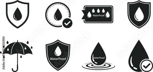 Collection of black and white waterproof icons with water drops and shields vector