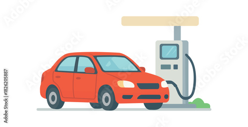 Flat design illustration of a red car refueling at a gas station.