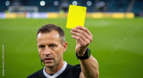 Man referee showing a yellow card at a live football or soccer game as a warning sign. Sports official making a penalty decision.