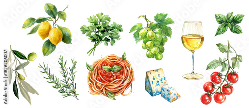 Mediterranean set of Italian food. Italian pasta, olives and fresh herbs, lemons, cheese and wine. Coastal set includes grapes, tomatoes, rosemary elements for menu design  in Amalfi style.