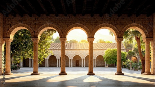 A sun-drenched courtyard viewed through a stone colonnade with arches and columns, featuring palm trees and lush greenery.