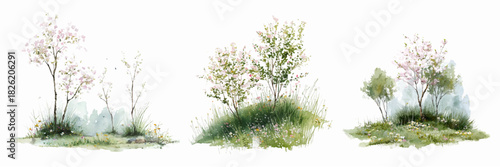 Spring watercolor set with blooming trees, flowers, and green meadows. Vector garden illustration featuring park landscape, forest scenery, and countryside nature perfect for seasonal spring projects.