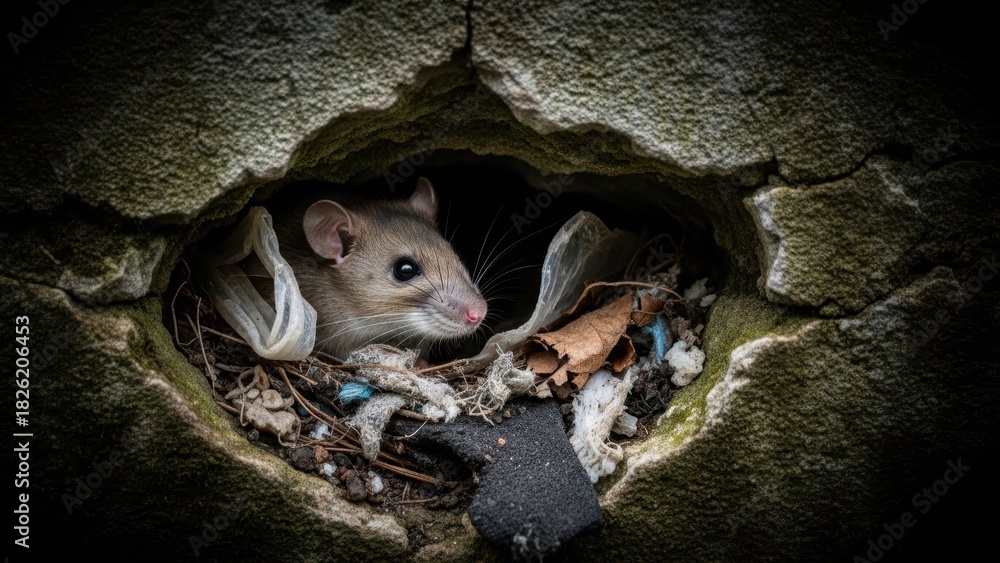Fototapeta premium Rat hides in a hole filled with garbage and plastic. Urban pest problem, disease carrier, and environmental pollution concept. Wildlife in the city.