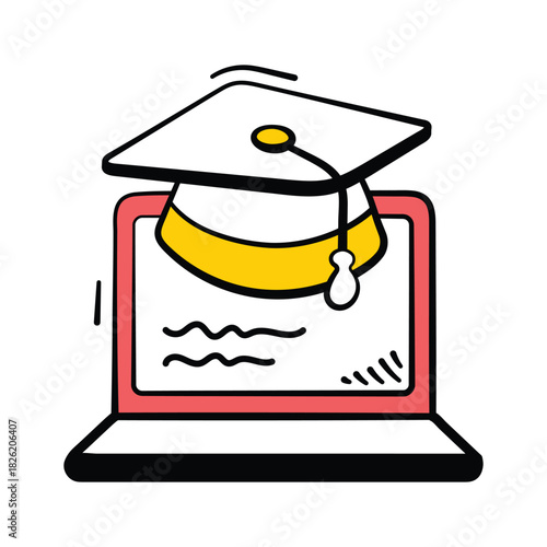 Graduation cap on laptop denoting elearning, digital classes and virtual education doodle style icon