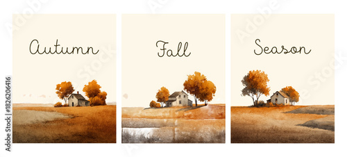 Autumn watercolor scenes featuring pastoral fields, charming villages, and tree-lined hills in warm seasonal hues, ideal for greeting cards and decorative backgrounds.