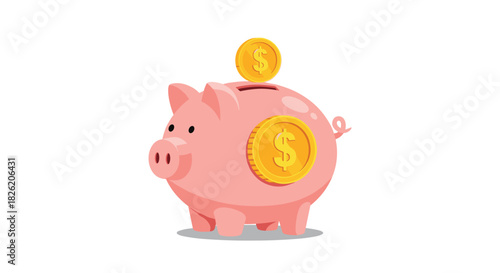 Pink piggy bank with gold coins is a symbol of saving and financial growth.
