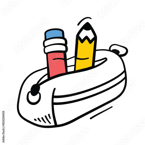 Pencil case doodle illustration, organized school stationery, writing tools