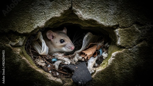 Fototapeta Naklejka Na Ścianę i Meble -  Rat hides in a hole filled with garbage and plastic. Urban pest problem, disease carrier, and environmental pollution concept. Wildlife in the city.