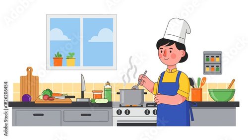 Professional female chef in uniform happily preparing a gourmet meal, stirring a steaming pot in a bright and modern kitchen illustration