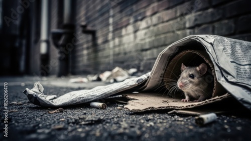 Fototapeta Naklejka Na Ścianę i Meble -  Cute mouse peeking out from a makeshift newspaper and cardboard shelter on a city street. Urban rodent searching for food and refuge in poverty conditions.
