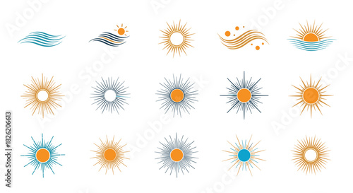 Collection of sun and wave graphic elements, representing nature, energy, and summer.