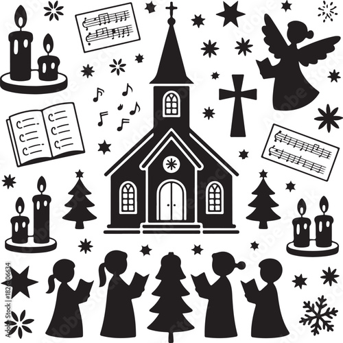 Elegant Christian Church Scene with Christmas Carols and Festive Elements