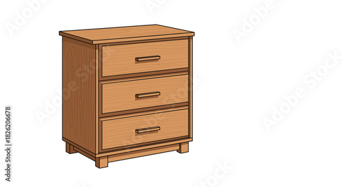 Illustration of a light brown wooden three-drawer chest of drawers with simple handles.