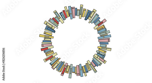 A circle of colorful, hand-drawn books on a white background.