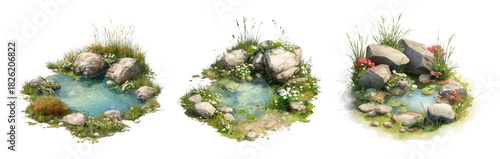 Watercolor lake collection showcasing pond gardens, spring rivers, and forest parks. Vector set of peaceful water landscapes with trees, flowers, and countryside meadows.