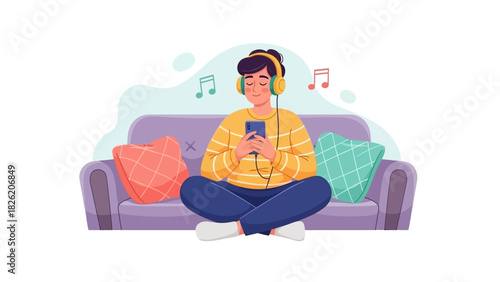 Relaxed listening Young man enjoying music on couch with headphones and smartphone