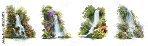 Beautiful waterfall collection featuring flowing water, river cascades, forest streams, and natural fountain scenes in vibrant watercolor vector art