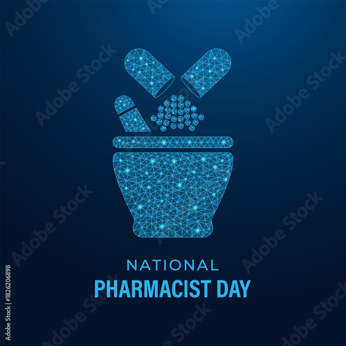 National Pharmacist Day celebrates of low poly style the dedication of pharmacists who ensure safe medication, precise guidance, and trusted healthcare support for communities. Banner poster design.