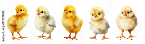 Watercolor set of cute, fluffy chicks. Realistic illustration of baby chicks. Cute chicks on isolated background. Perfect for Easter card design, spring prints, children's invitations and decor.